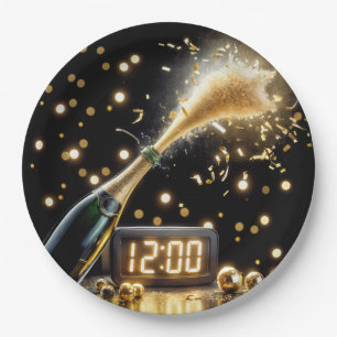 Assiettes En Carton Champagne du Nouvel An avec horloge de minuit