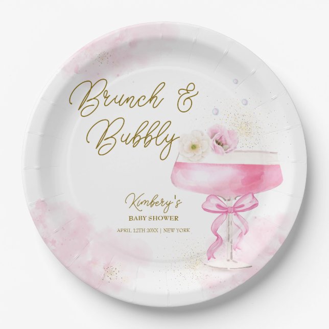 Assiettes En Carton Champagne Floral Sucré Brunch Baby shower Bubbly (Devant)