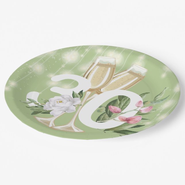 Assiettes En Carton Champagne vert de luxe Floral 30e anniversaire (Angle)