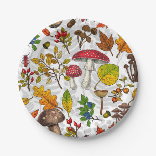 Assiettes En Carton Champignons d'automne, feuilles, noix et baies sur