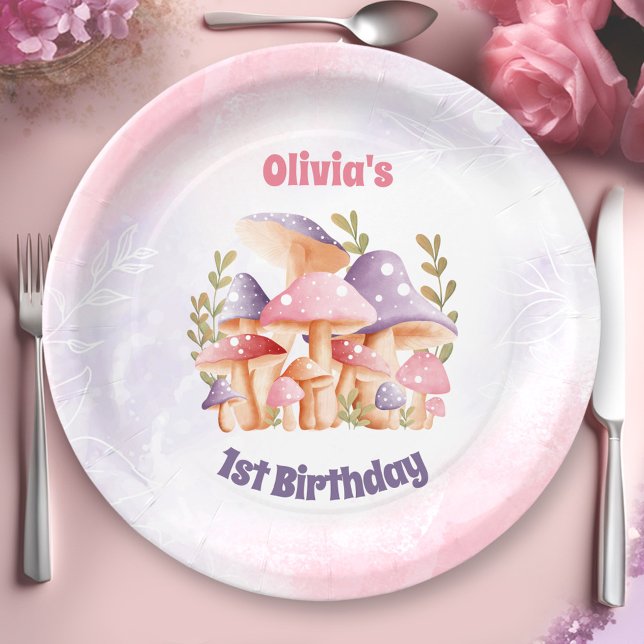 Assiettes En Carton Champignons violets roses 1er anniversaire (Pink Purple Mushrooms Fall 1st Birthday Paper Plates)