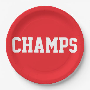 Assiettes En Carton CHAMPS Amusant Sportif Texte Blanc Sur Fond Rouge