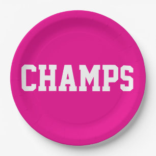 Assiettes En Carton CHAMPS Amusant Sportif Texte Blanc Sur Rose Chaud
