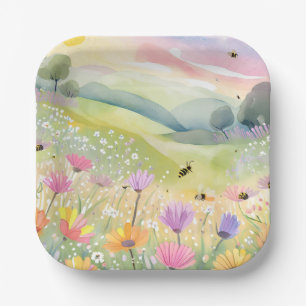 Assiettes En Carton Champs de fleurs d'abeilles printaniers Nature c