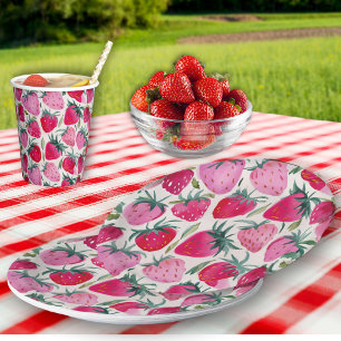 Assiettes En Carton Champs de fraises été pique-nique rose