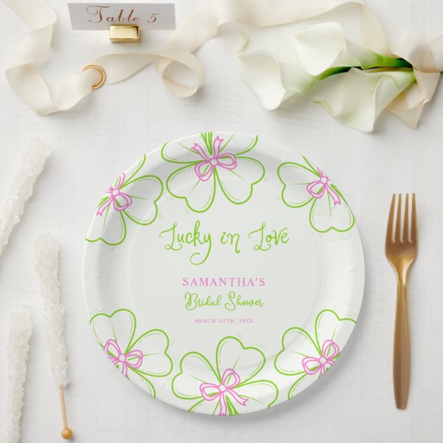 Assiettes En Carton Chanceux en amour TrèfleRose Vert  Fête de mariage (Mariage)