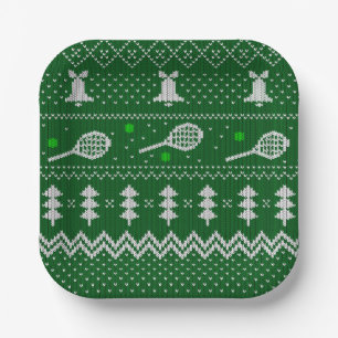 Assiettes En Carton Chandail de Noël de tennis Motif tricoté vert