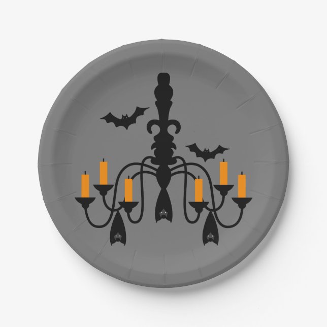 Assiettes En Carton Chandelier d'Halloween et chauves-souris (Devant)
