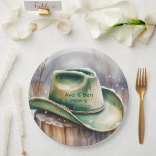 Assiettes En Carton Chapeau de cowboy vert aquarelle dans un mariage s