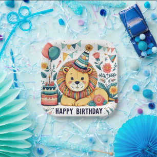 Assiettes En Carton Chapeau de fête d'anniversaire Lion mignon heureux