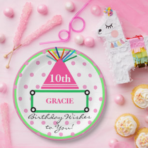 Assiettes En Carton Chapeau de Fête Fille Vert Rose Points Nom de Tout
