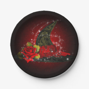 Assiettes En Carton Chapeau de sorcière Glam Lacy noir et rouge paille