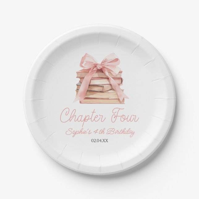 Assiettes En Carton Chapter Four Pink Bow Books 4th Birthday Party (Devant)