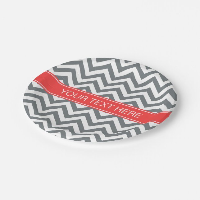 Assiettes En Carton Charbon Blanc LG Chevron Corail Nom rouge Monogram (Angle)