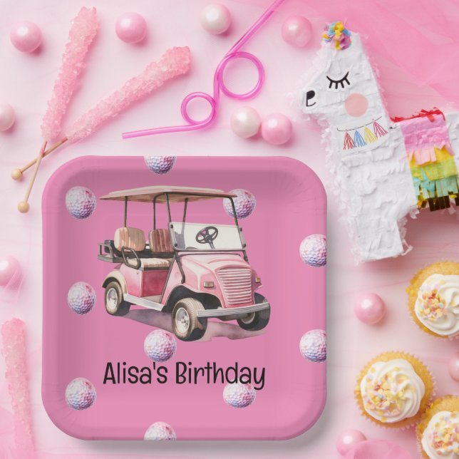 Assiettes En Carton Chariot de golf avec balle partout sur rose pour g (Fête)