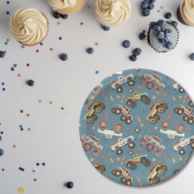 Assiettes En Carton Chariot Monster moderne Anniversaire bleu (Créateur téléchargé)