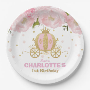 Assiettes En Carton Chariot rose floral d'or de fête d'anniversaire d