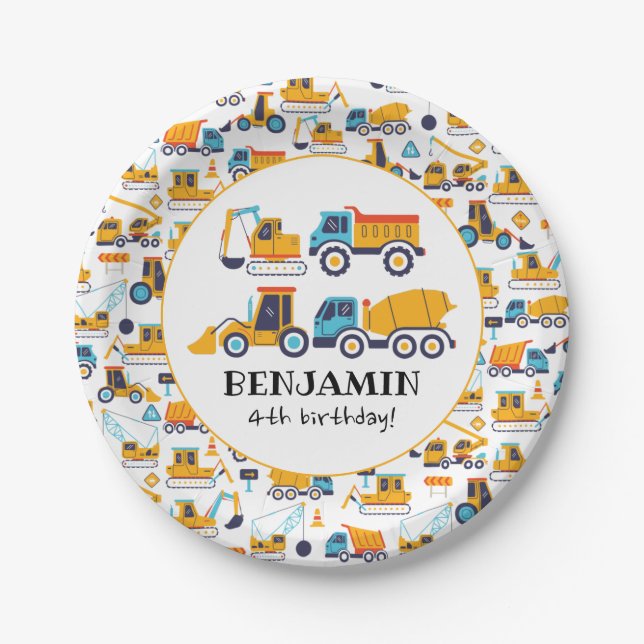 Assiettes En Carton Chariots de vidange de construction Véhicules fête (Devant)