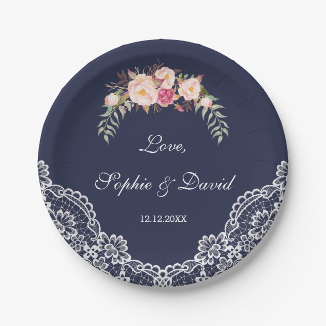 Assiettes En Carton Charm Blush rose Fleurs dentelle Mariage Marine (Devant)