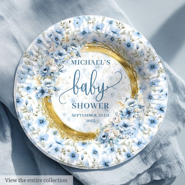 Assiettes En Carton Charmant bleu poussiéreux fleurs or garçon baby sh (Charming dusty blue flowers gold boy baby shower Paper Plates)