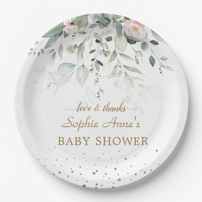 Assiettes En Carton Charme Aquarelle Verdure Baby shower rose Floral (Devant)