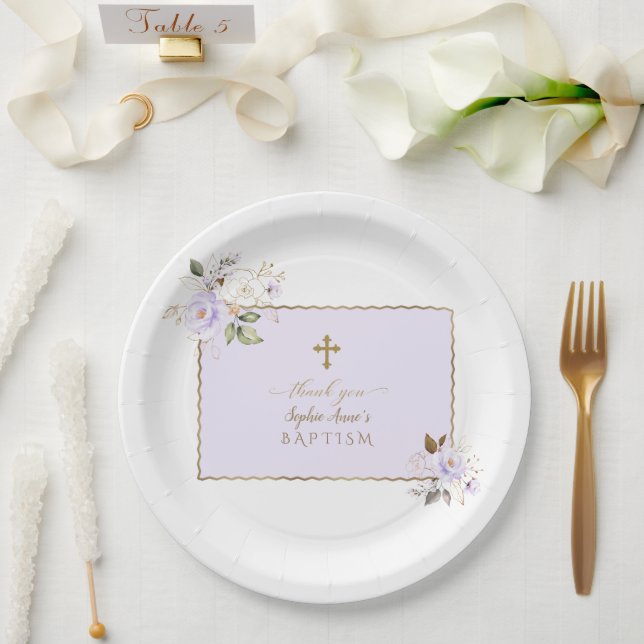 Assiettes En Carton Charme Fleurs d'or violet clair Baptême (Mariage)