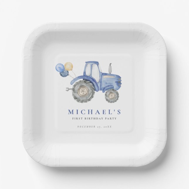 Assiettes En Carton Charming Blue Tractor Anniversaire (Recto)