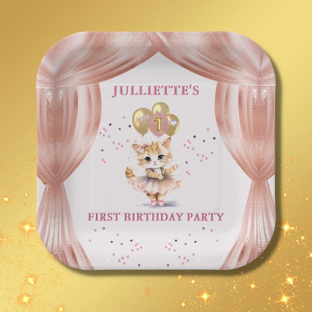 Assiettes En Carton Charming Dancing Kitten Photo First Birthday Girl (Créateur téléchargé)