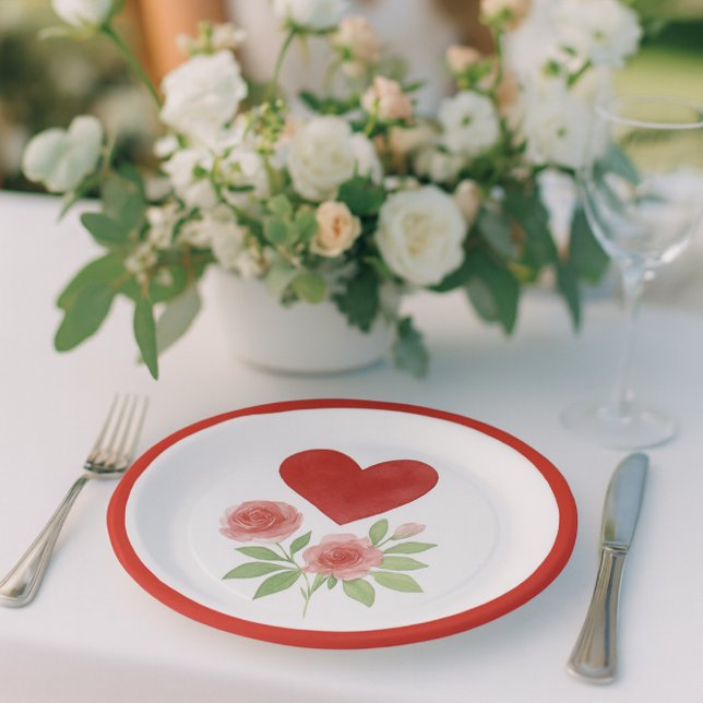 Assiettes En Carton Charming Heart and Pink Roses Valentine's Day  (“Romantic wedding table with floral heart plate, soft roses, and dreamy Valentine‑ambiance.)