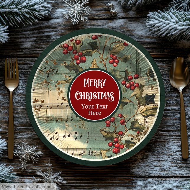 Assiettes En Carton Charols de Noël artisanaux vintage (Artistic vintage Christmas carols holly berries Paper Plates)