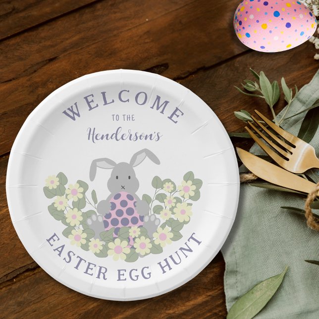 Assiettes En Carton Chasse aux oeufs de Pâques Bunny Floral (Easter egg hunt cute bunny floral spring party paper plates)