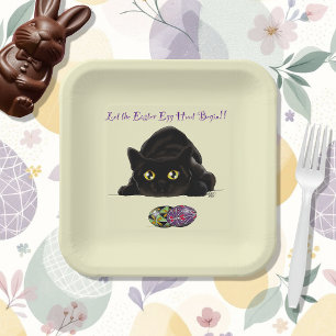 Assiettes En Carton Chasse aux œufs de Pâques de chat noir Fête jaune