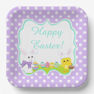 Assiettes En Carton Chasse aux oeufs de Pâques mignonne lapin et pouss