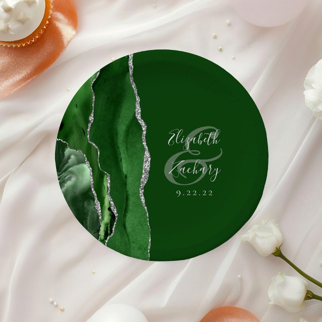 Assiettes En Carton Chasseur de géode d'agate Vert Argent Mariage (Créateur téléchargé)