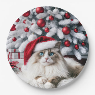 Assiettes En Carton Chat à poupée de Noël dans un chapeau de Père Noël