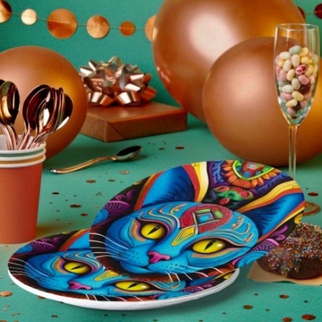 Assiettes En Carton Chat Abstrait aux yeux jaunes (Créateur téléchargé)