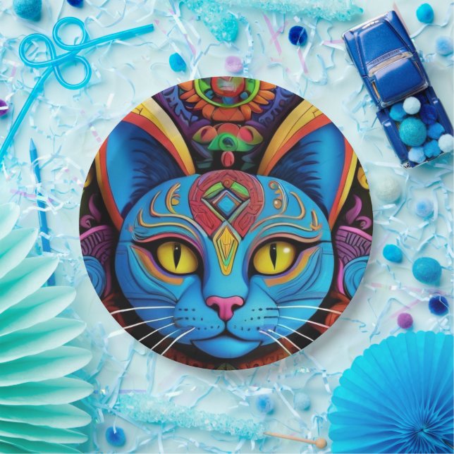 Assiettes En Carton Chat Abstrait aux yeux jaunes (Fête)