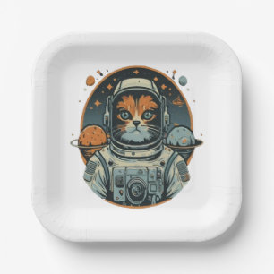 Assiettes En Carton Chat-astronaute sur les astéroïdes