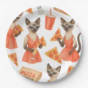 Assiettes En Carton Chat avec pizza pour les amoureux de chats siamois