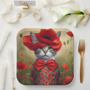 Assiettes En Carton Chat avec une robe faite de coquelicot