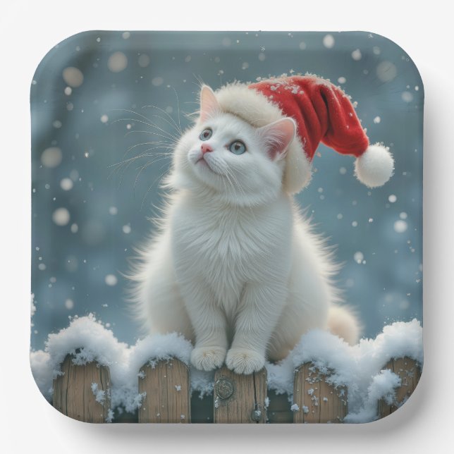 Assiettes En Carton Chat blanc de Noël portant un chapeau de Père Noël (Recto)