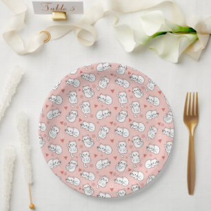 Assiettes En Carton Chat Blanc Mignon sur Fond Rose Thématisé