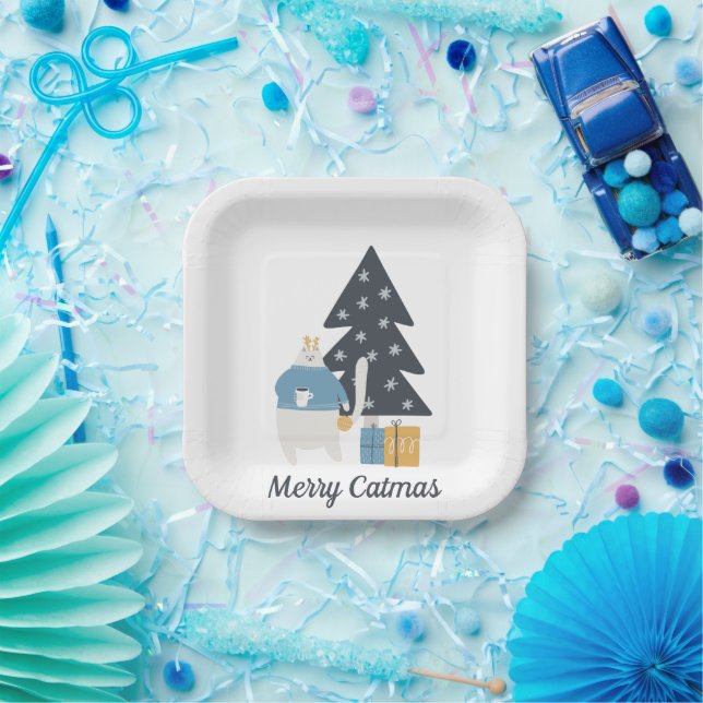 Assiettes En Carton Chat blanc ornement de Noël arbre Joyeux Catmas (Fête)