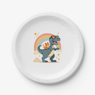 Assiettes En Carton Chat chevauchant le dinosaure T-Rex Kitten Arc-en-