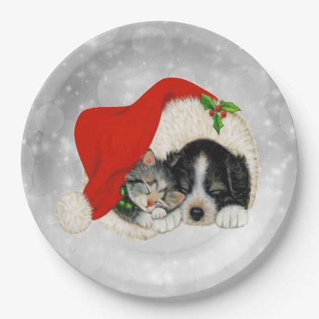 Assiettes En Carton Chat Chien Cute Père Noël Casquette Noël (Devant)