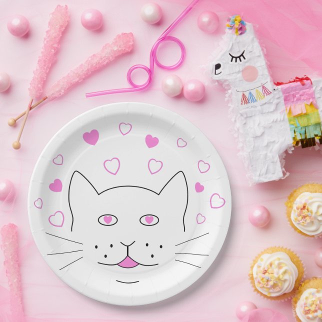 Assiettes En Carton Chat cœur (Fête)