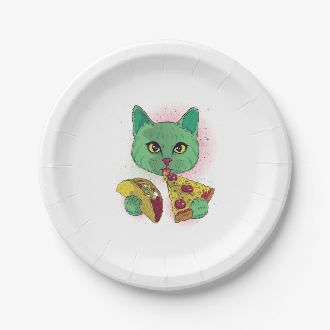 Assiettes En Carton Chat cosmique mangeant Pizza et Taco (Devant)
