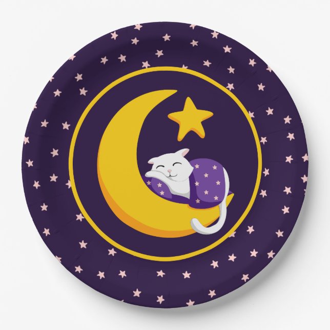 Assiettes En Carton Chat couché sur Crescent Moon Star Ramadan (Devant)