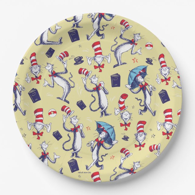 Assiettes En Carton Chat dans le chapeau | motif jaune (Devant)