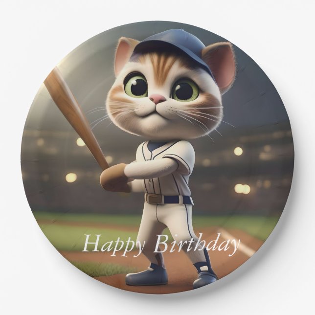 Assiettes En Carton Chat de baseball drôle en 3D, (Devant)